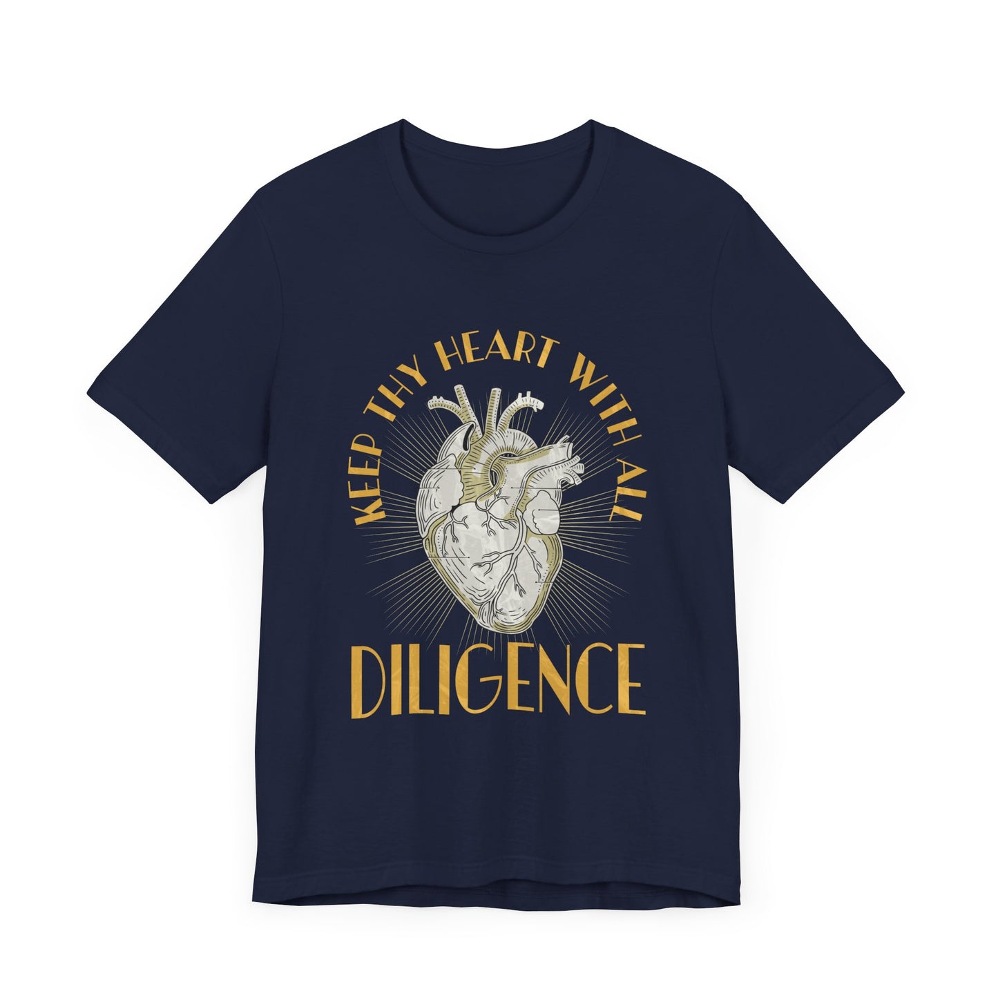 flat lay image of a navy crewneck short sleeve christian t shirt that has the image of a heart that says keep thy heart with all diligence bible verse 