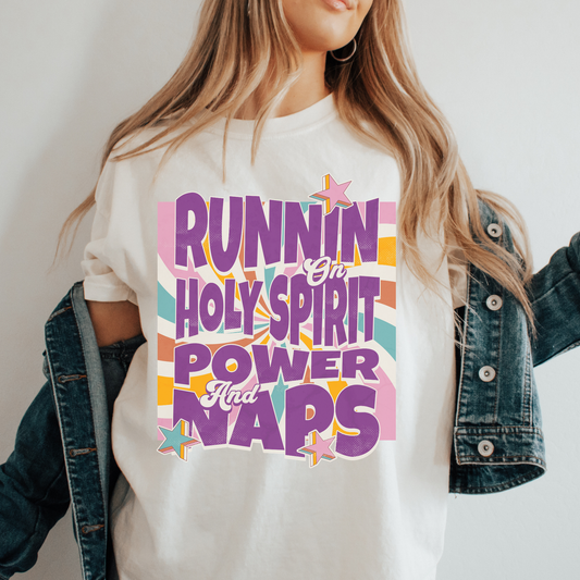 woman wearing a womens christian streetwear funny christian shirt that says runnin on holy spirit power and naps on a crewneck short sleeve womens t shirt