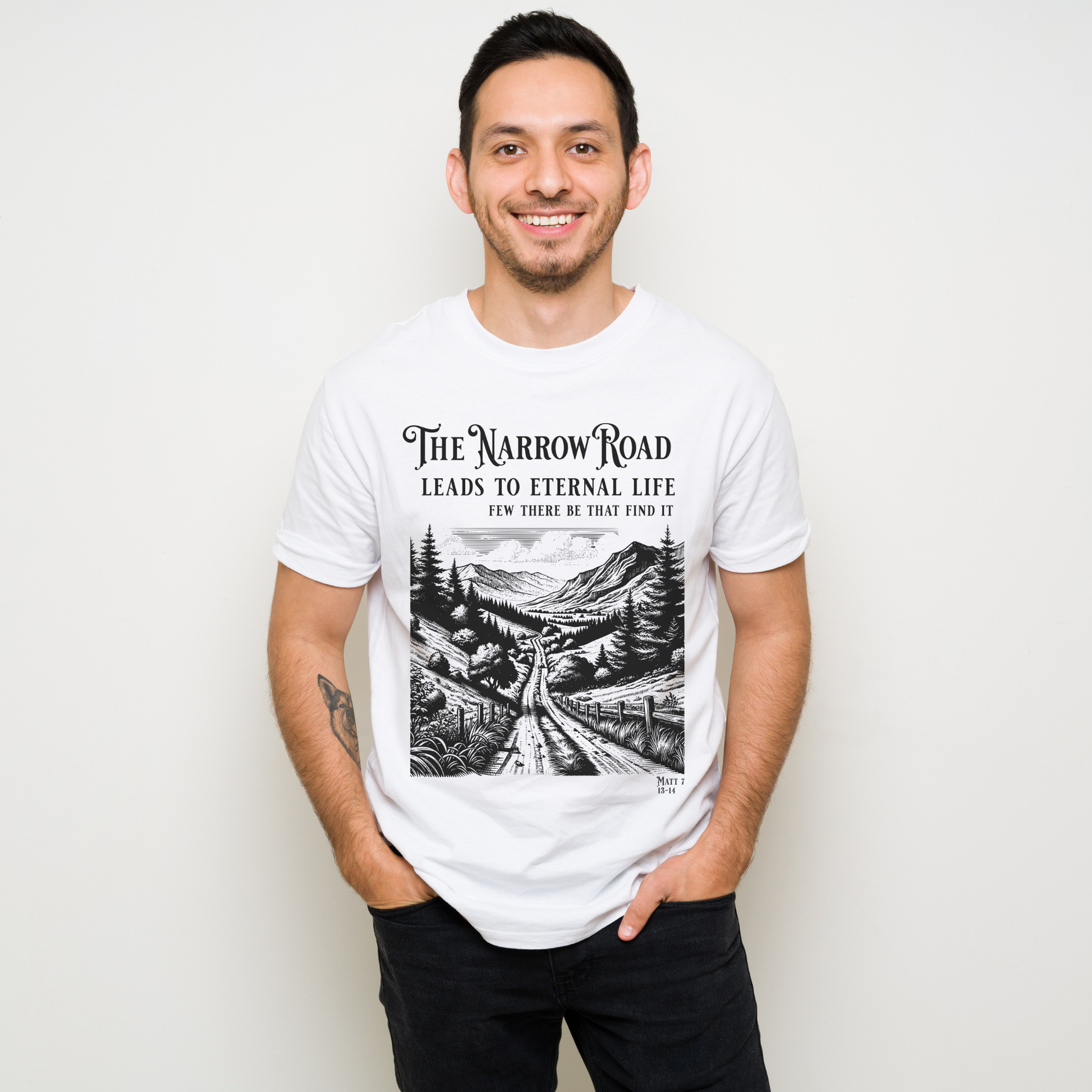 white crewneck short sleeve bible verse shirt that say the narrow road