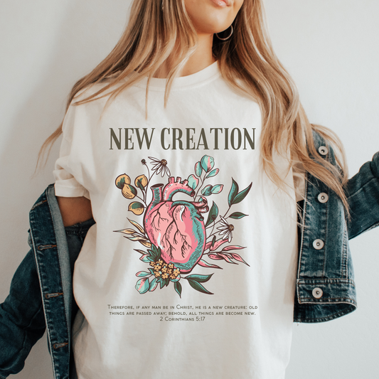 women wearing a christian bible verse shirt that says new creation and the bible verse 2 corinthians 5:17