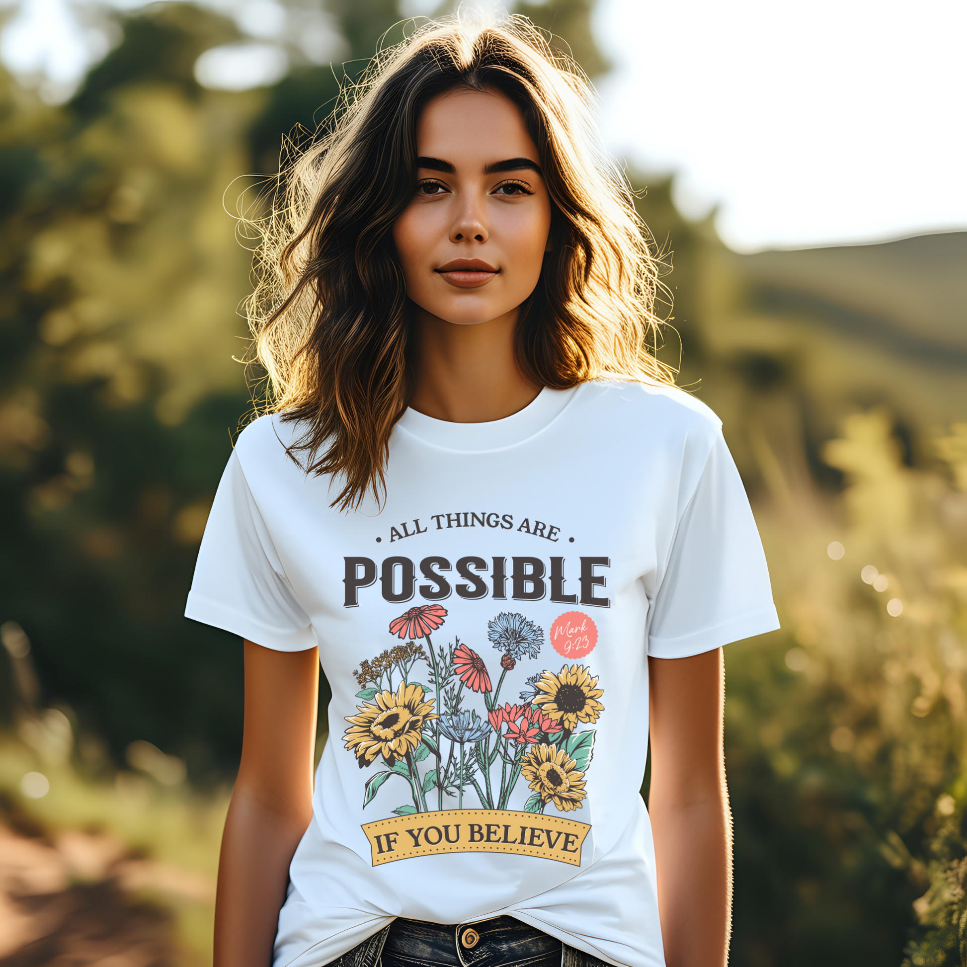 women wearing a white boho womens Christian shirt with wildflowers that says all things are possible if you believe