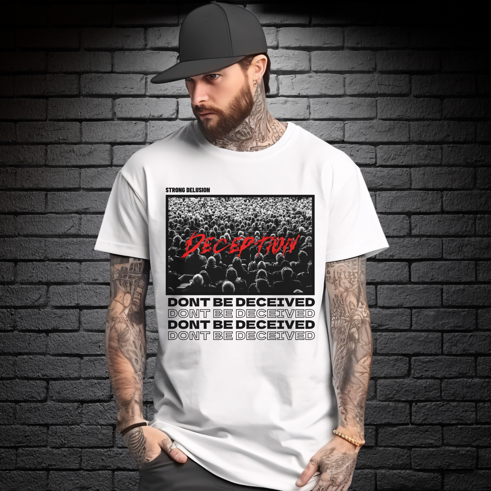 man standing wearing a white crewneck short sleeve men's christian streetwear graphic tshirt that says dont be deceived