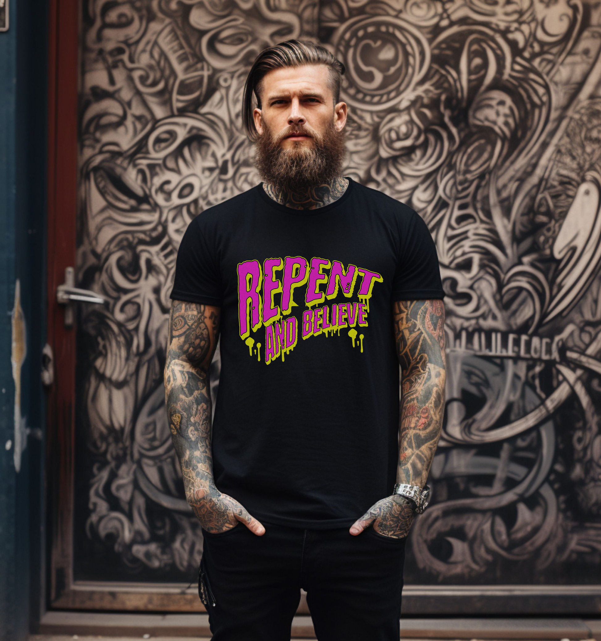 a tattooed man wearing christian apparel, a black crew neck short sleeve Christian graphic tee that says repent and believe