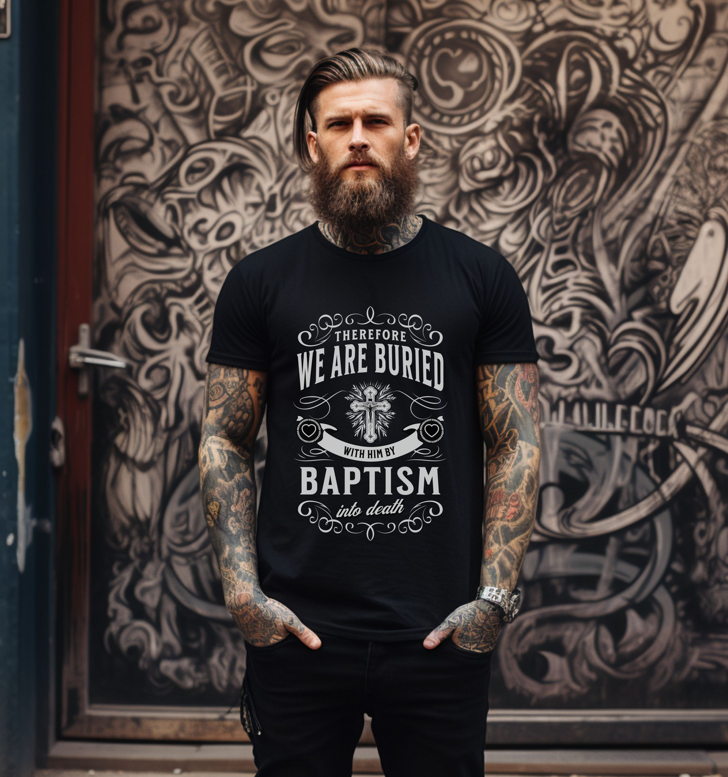 Christian Streetwear Graphic T-shirt, Black Crewneck Bible Verse Shirt