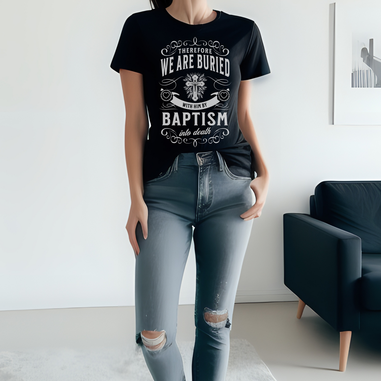 Christian Streetwear Graphic T-shirt, Black Crewneck Bible Verse Shirt