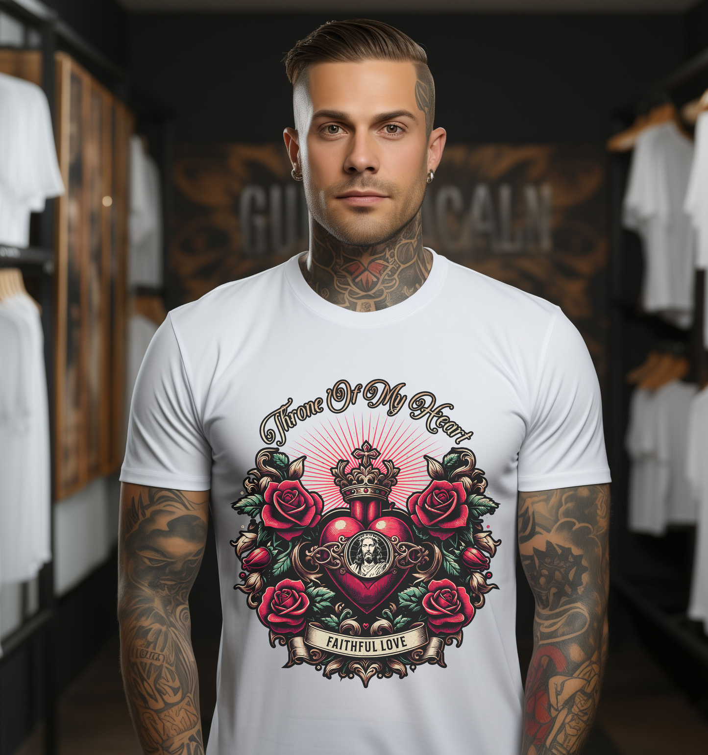 man wearing a white crewneck christian graphic tee that says throne of my heart with roses and jesus in the center of a heart in a traditional tattoo style