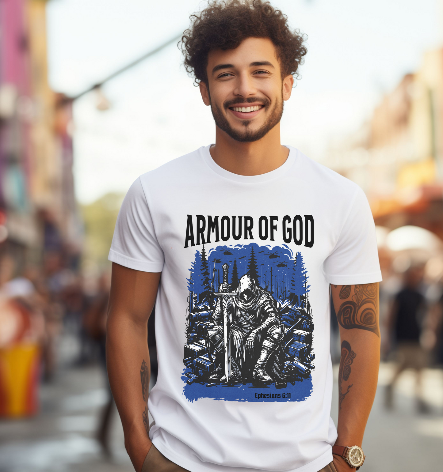 man wearing a white crewneck short sleeve christian graphic tee with a warrior that says armour of god