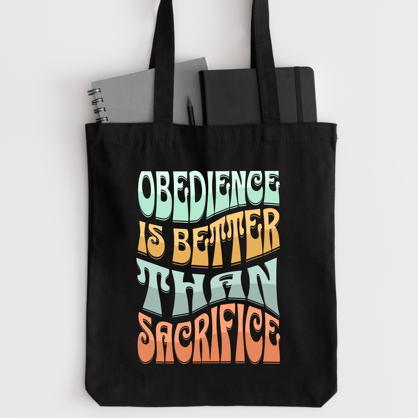 black bible tote bag obedience is better than sacrifice